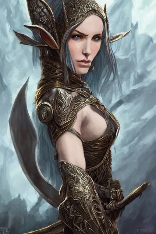 Image similar to Epic painting of a fierce female elven warrior, D&D, fantasy, intricate, elegant, highly detailed, digital painting, artstation, concept art, smooth, sharp focus, illustration, art by artgerm