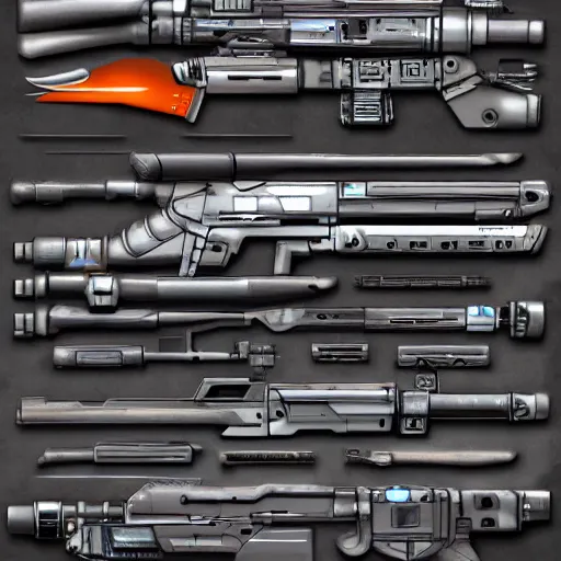 Prompt: An armory of sci-fi weapons and gadgets, hyper realistic, cyberpunk, high quality, award winning, digital art