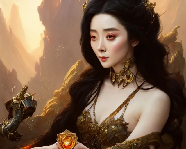 Image similar to fan bingbing, 8 k, deep focus, d & d, fantasy, intricate, elegant, highly detailed, digital painting, artstation, concept art, matte, sharp focus, illustration, hearthstone, art by artgerm and greg rutkowski and alphonse mucha