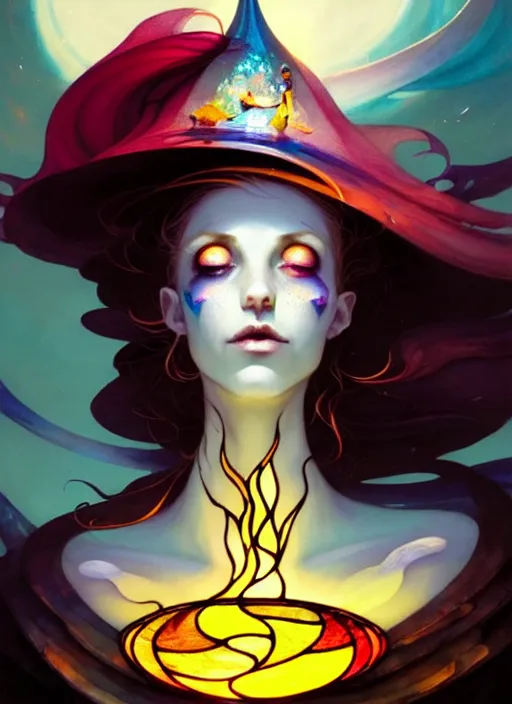 Prompt: close up picture of a beautiful and cute and aesthetic witch drinking the portion made of stained glass, model pose, bright color, sun shining through, sharp focus, highly detailed face, specular reflection, art by anato finnstark and lecouffe deharme and pete mohrbacher and quentin mabille and frank moth, fantasy illustration, epic light novel cover art