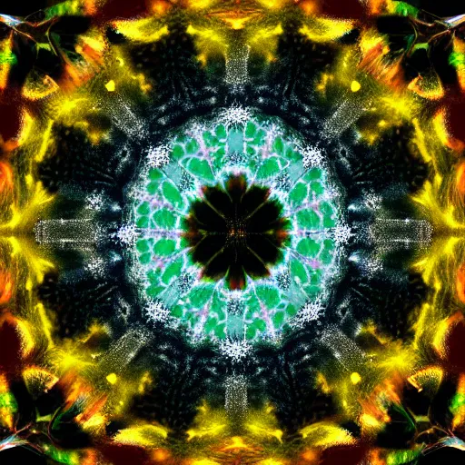 Prompt: “the aurora borealis in winter as viewed through a kaleidoscope.”