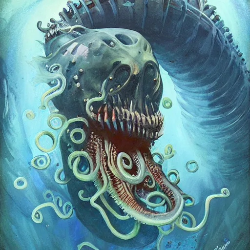 Image similar to Underwater Tentacle Pandomonium;Art by Greg Manchess, Art Direction by Jeremy Jarvis; painting spiraling inward; Deep sea horror; teeth and eyes; illustration