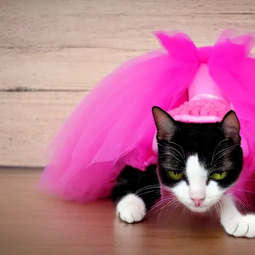 Prompt: a cat wearing a pink ballerina costume, 4 k