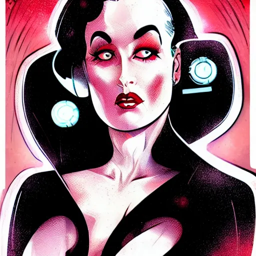 Image similar to a retro sci - fi pinup illustration of dita von teese in the style of anna dittmann and in the style of alex maleev.