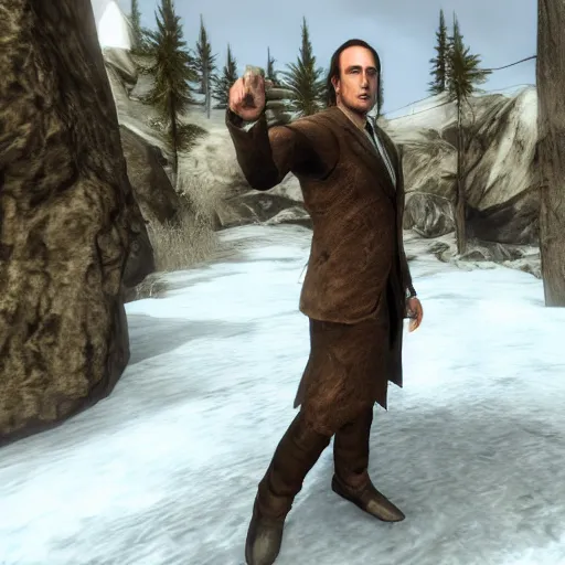 Prompt: Video game screenshot of Saul Goodman in skyrim