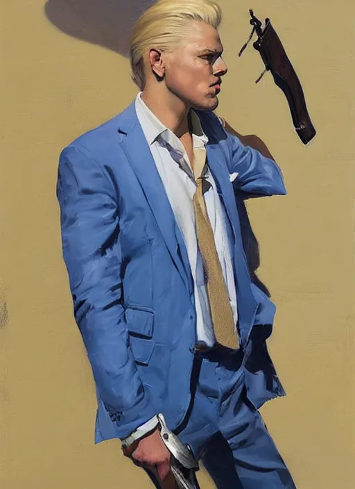 Image similar to greg manchess portrait painting of a blond man in a blue suit with a sword and a pistol, asymmetrical, profile picture, organic painting, sunny day, matte painting, bold shapes, hard edges, street art, trending on artstation, by huang guangjian, gil elvgren, ruan jia, randy vargas, greg rutkowski