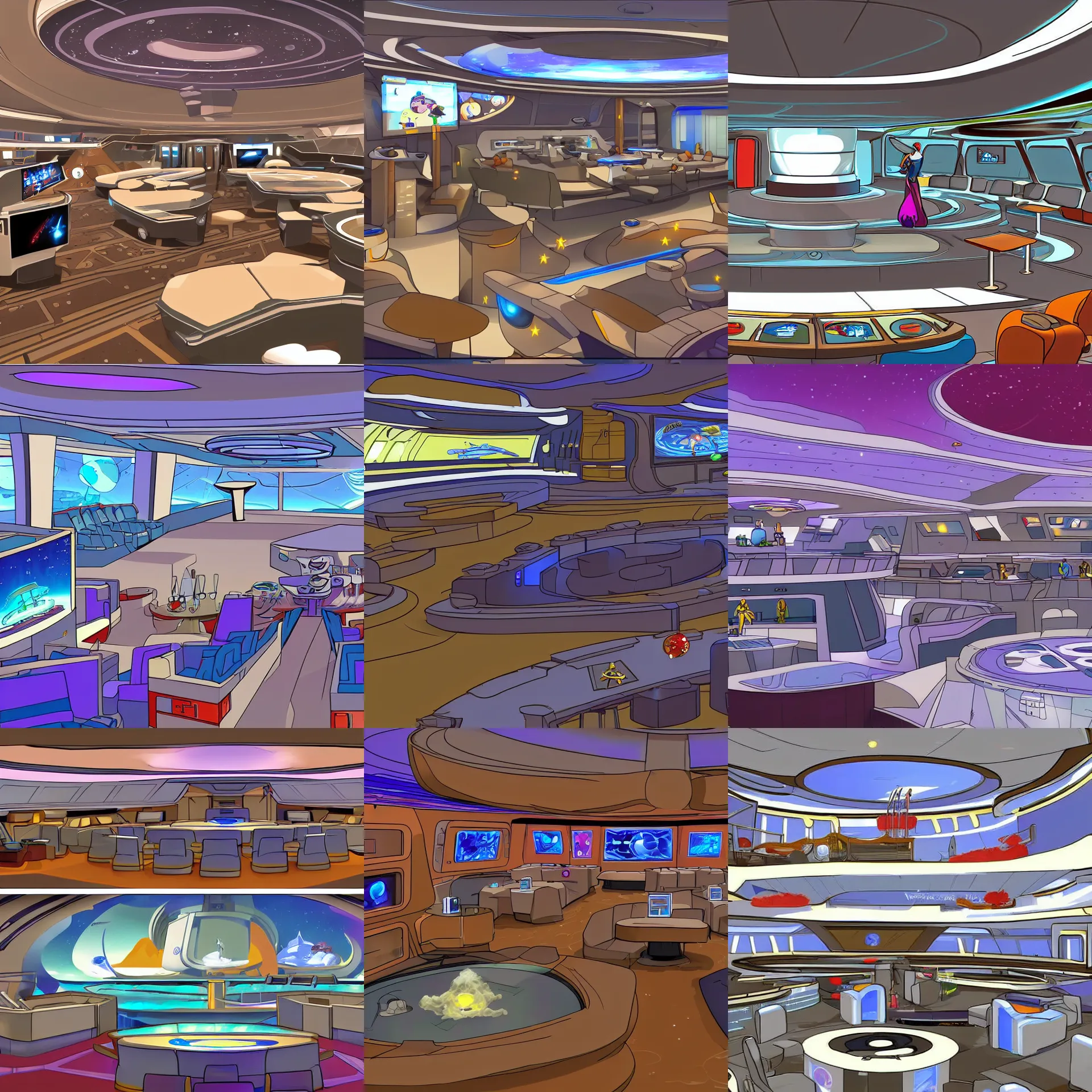 Prompt: the main entertainment area onboard a large passenger cruise spaceship, from a space themed serria point and click 2 d graphic adventure game, art inspired by space quest iv