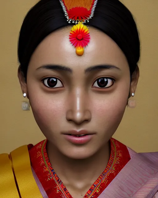 Prompt: portrait of beautiful anime female, assamese, baby face, wearing a bihu mekhela sador costume, clean face, dead eyes, brown hair, symmetrical facial, artstation, character concept art, realistic, detailed face, realistic face, high detail, hyper-realistic, Octane render, Vray, Cinematic, photorealistic, 8k, 8k hd, hyper realistic, ultra HD