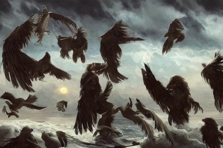 Image similar to a pack of feathered velociraptors hunting a baby harp seal at dawn, ominous intent, water color, art by artgerm and greg rutkowski and alphonse mucha and jin xiaodi and anthony devine