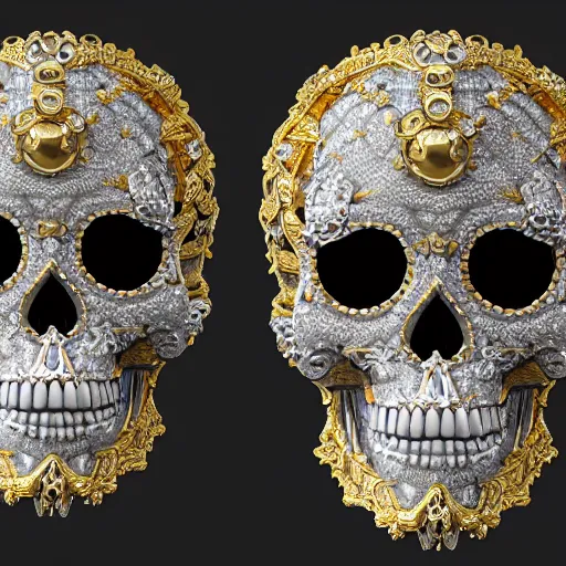 Image similar to a portrait of a beautiful ornate and intricate rococo skull with diamonds in the eyesockets, with silver and gold details and diamonds inside a rococo frame, 4k, octane render, vray, unreal engine, photorealistic