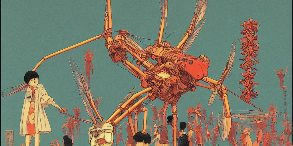 Prompt: gigantic dragonflies with human faces catch tiny robots, a lot of exotic mechas robots around, human heads everywhere, risograph by kawase hasui, dirtyrobot, edward hopper, satoshi kon and moebius, colorful flat surreal design, super - detailed, a lot of tiny details, full - shot, grainy