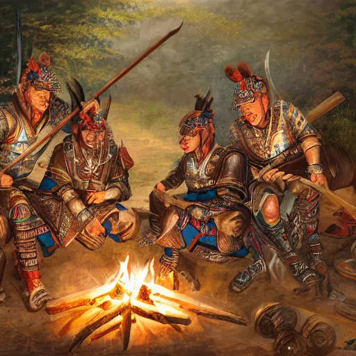 Prompt: portrait of smart tai armored warlords sit in tai ancient war traditional tent, tribal ground, tribal tent, asian interior decoration, sitting by a campfire next to a tent, oil painting, fantasy, detailed and intricate environment,