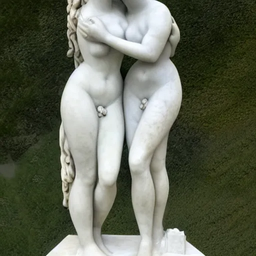 Image similar to sculpture of venus de milo and aphrodite hugging each other, hyperrealistic style in carrara marble