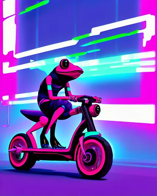 Prompt: painting Cyberpunk Frog riding on electric scooter Futuristic, Neon, Vaporwave by Lois van baarle and Ilya Kuvshinov and Ha Gyung and Kezie Demessance