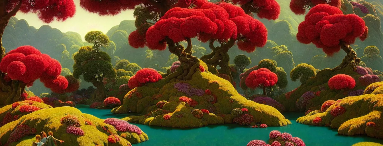 Prompt: a gorgeous very early spring series of lush islands separated by flower - lined streams, twisted gardens, flowers, fronds, painting by barlowe wayne maxfield parrish and marco mazzoni. tree no leaf!!!! china mountain village!! very little light verdancy. ultra clear detailed. 3 d, octane render. turbulent blood lake.