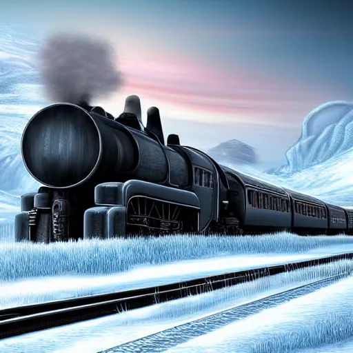 Image similar to a futuristic black steam train and a giant mammoth, post - apocalyptic ice landscape with heavy snow, digital art