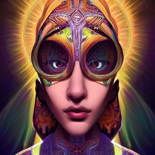 Image similar to portrait of a future metaverse Ayahuasca tech shaman warrior, 2D cartoon, visionary art, symmetric, Magick symbols, holy halo, shipibo patterns, sci-fi, concept art, trending on art station, 8k digital art, by Mandy Jurgens, fantasy portrait art, anime