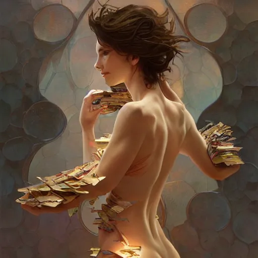 Image similar to fully body, stunningly beautiful woman made of pages of poetry, highly detailed, digital painting, artstation, concept art, sharp focus, illustration, art by artgerm and greg rutkowski and alphonse mucha