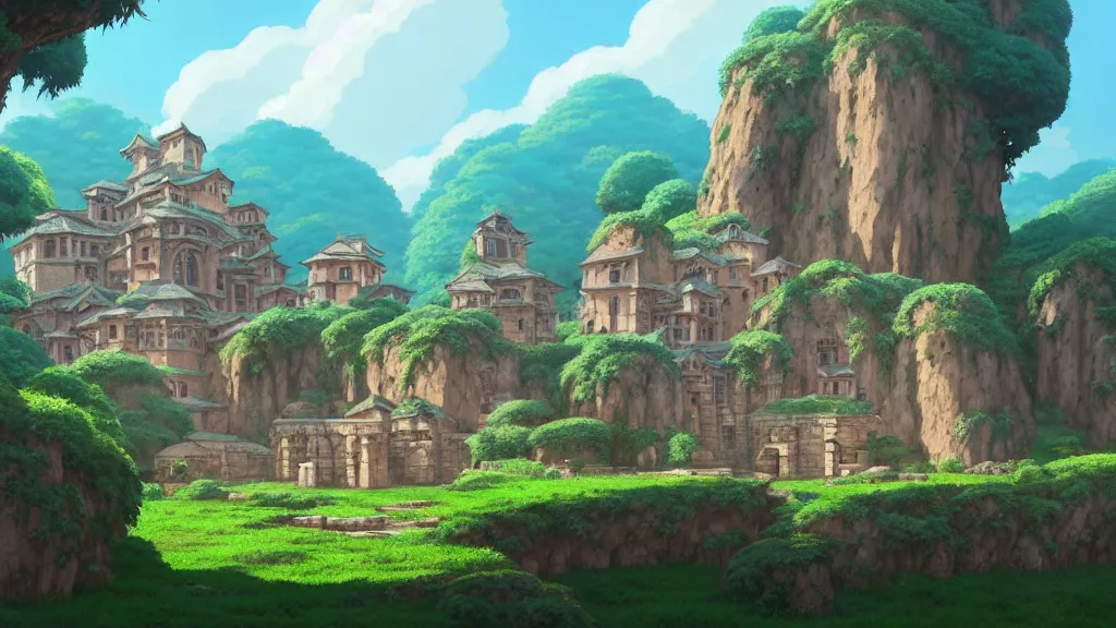 Image similar to ancient monastery ruins, studio ghibli, pixar and disney animation, sharp, rendered in unreal engine 5, highly detailed, digital painting, artstation, concept art, smooth, sharp focus, illustration, wide angle, artbook, wallpaper, splash art, promo art, dramatic lighting, art by artgerm and greg rutkowski and bo chen and jin xiaodi