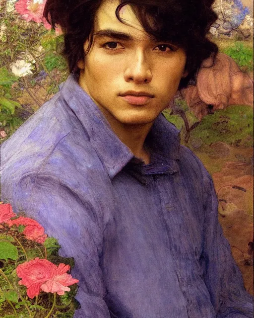 Image similar to young handsome peruvian man, portrait painting by richard schmid, edgar maxence, kehinde wiley, thomas moran, maxfield parrish, studio ghibli, loish, alphonse mucha, fashion photography