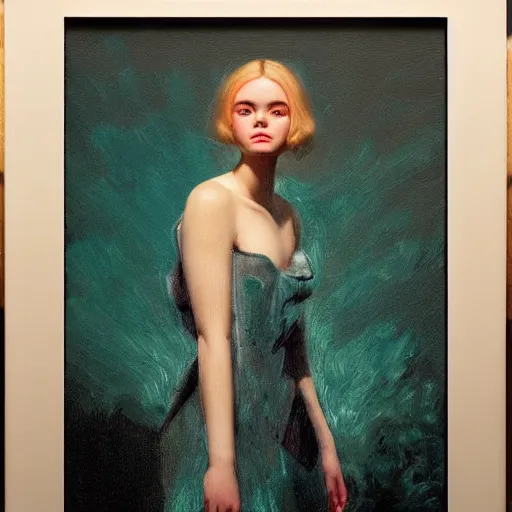 Image similar to Elle Fanning wearing a teal baclava in the style of Paola Vetri, head and shoulders portrait, stormy weather, extremely detailed masterpiece, oil on canvas, low-key neon lighting, artstation, Blade Runner 2049, Roger Deakin’s cinematography, by J. C. Leyendecker and Peter Paul Rubens and Edward Hopper and Michael Sowa,