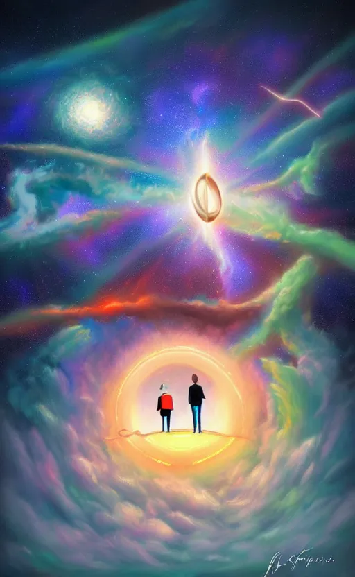 Prompt: Meeting God in the universe, digital art, trending on art station