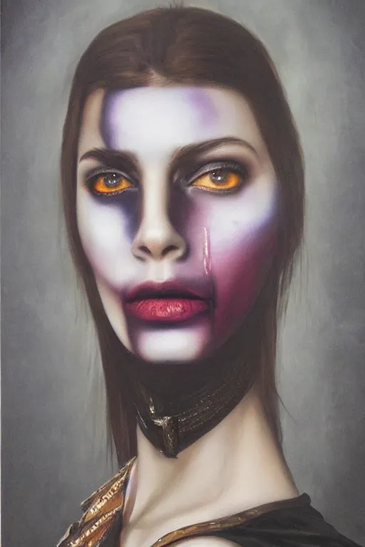 Image similar to hyperrealism oil painting, close - up portrait of european medieval brunette vampire fashion model, knight, steel gradient mixed with nebula sky, in style of baroque