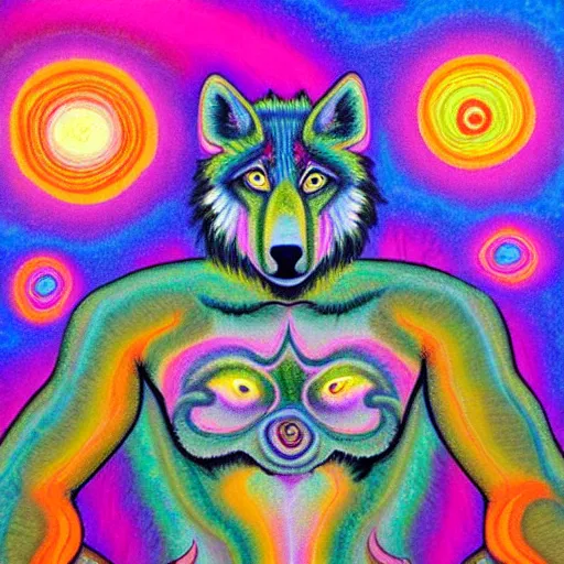 Prompt: an anthromorphic wolf man meditating in a zen garden, by amanda clark and lisa frank in a psychedelic style, oil on canvas