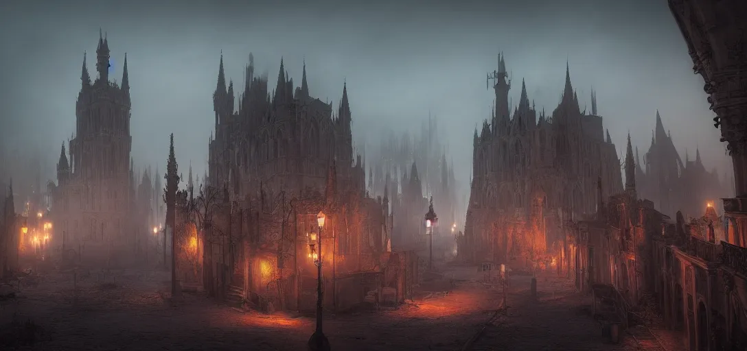 Prompt: view of an abandoned gothic city at night, lightning, glowing fog, castles, cinematic lighting, ultra detailed, sharp, ambient occlusion, raytracing, by greg rutowski, paul chadeisson and jessica rossier