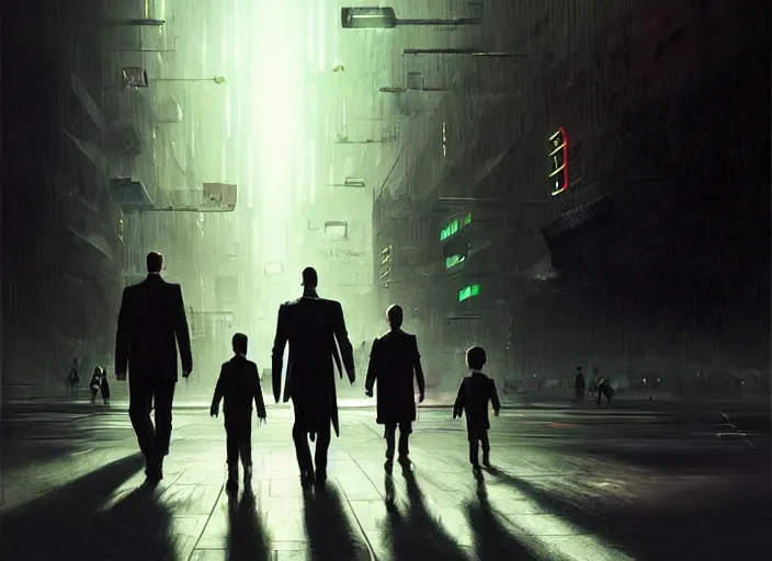 Prompt: agent smith helping small children cross the street in the matrix. digital painting. greg rutkowski. fantasy artwork.