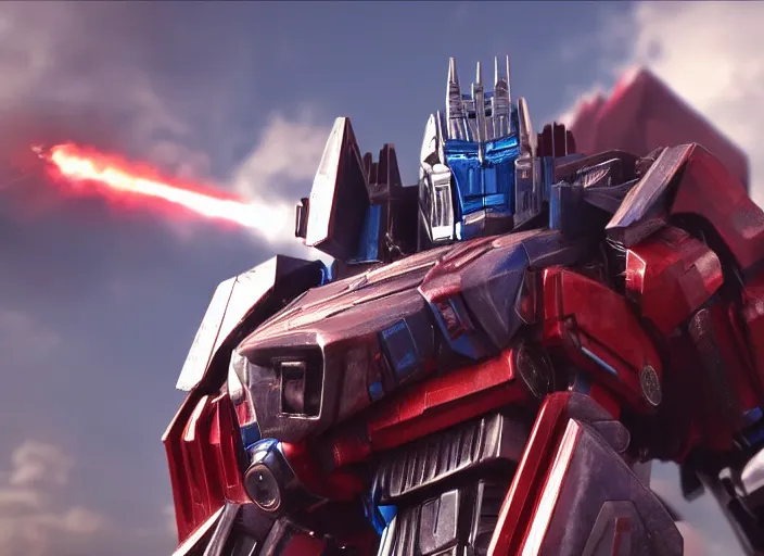 Image similar to optimus prime from transformers 7 : rise of the beasts [ destroying ] a decepticon, ultra realistic 4 k unreal engine very cinematic render with ray tracing bloom ambient occlusion strong reflections depth of field fog