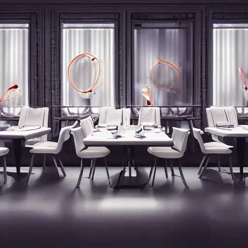 Image similar to three large white glossy kuka industrial robot arms on the floor around a dinner table, the kuka industrial robot arms are wearing bow ties, the table is full of food, they are having dinner inside a posh fine dining restaurant with retro modern furniture and decor, global illumination, artstation, fantasy, volumetric light