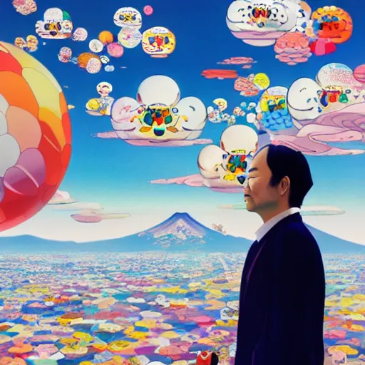 Image similar to a man walking on clouds away from the camera above kyoto by takashi murakami, beeple and james jean, aya takano color style, 4 k, super detailed, modern, 4 k, symmetrical