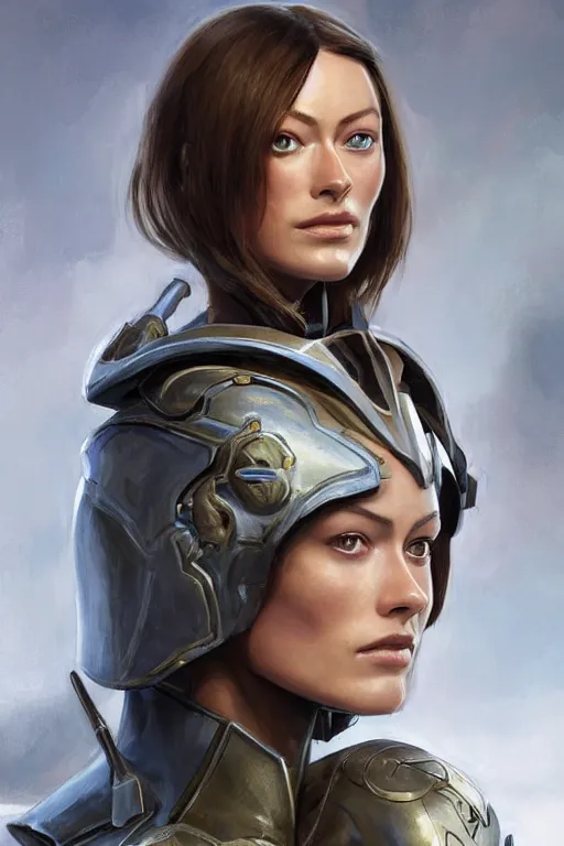 Image similar to a professional painting of a young Olivia Wilde, clothes in military armor, olive skin, long dark hair, beautiful bone structure, symmetrical facial features, intricate, elegant, digital painting, concept art, smooth, sharp focus, illustration, from StarCraft by Ruan Jia and Mandy Jurgens and Artgerm and William-Adolphe Bouguerea