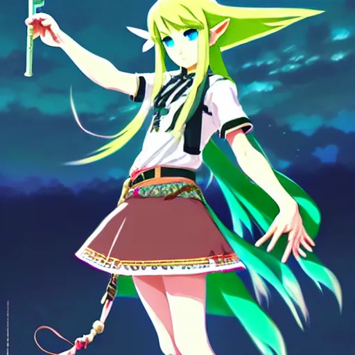 Image similar to a beautiful! young feminine link from botw, wearing japanese catholic school girl outfit with mayan pattern and native style, aztec street fashion, guilty gear art direction, perfect anime face, gapmoe yandere grimdark, trending on pixiv fanbox, painted by greg rutkowski makoto shinkai takashi takeuchi studio ghibli, akihiko yoshida