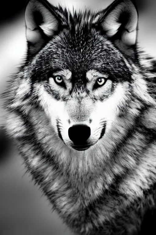 Image similar to wolf animal, film noir style, cinematic, black and white