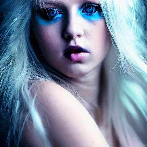 Image similar to A gorgeous blonde with glowing blue eyes, in love, grungy, unkept hair, glowing eyes, modelsociety, radiant skin, huge anime eyes, RTX on, bright on black, dramatic, studio lighting, perfect face, intricate, Sony a7R IV, symmetric balance, polarizing filter, Photolab, Lightroom, 4K, Dolby Vision, Photography Award