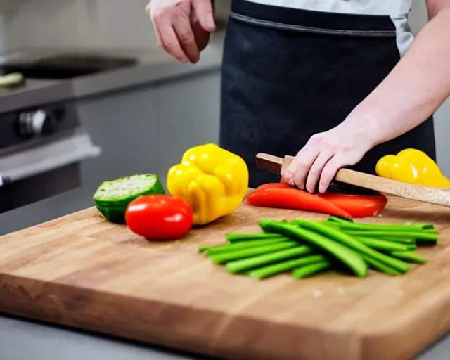 Prompt: 9 0 degrees fov, first person point of view of me chopping vegetables on a chopping board