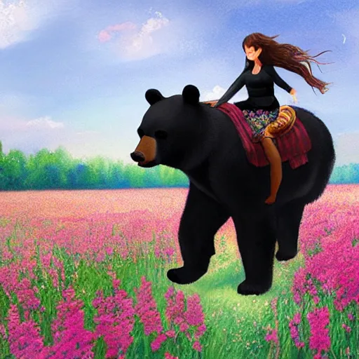 Image similar to girl riding a giant black bear in a field of flowers, trending on artstation