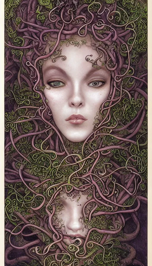 Prompt: very detailed portrait of a 2 0 years old girl surrounded by tentacles, the youg woman visage is blooming from fractal and vines, by brian froud