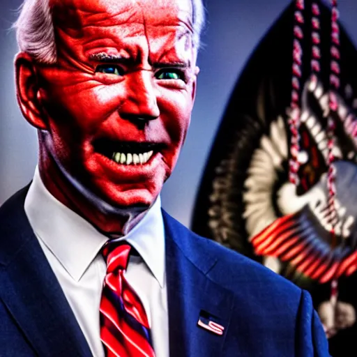 Image similar to hyper realistic terror photo Doom horror furious glowing red eyes biden