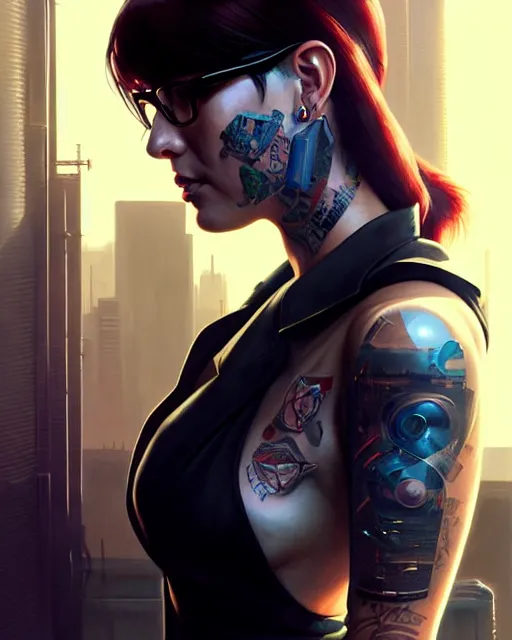 Prompt: cyberpunk corporate woman, covered in tattoos | | realistic shaded, fine details, realistic shaded lighting poster by greg rutkowski, diego gisbert llorens, magali villeneuve, artgerm, jeremy lipkin and rob rey