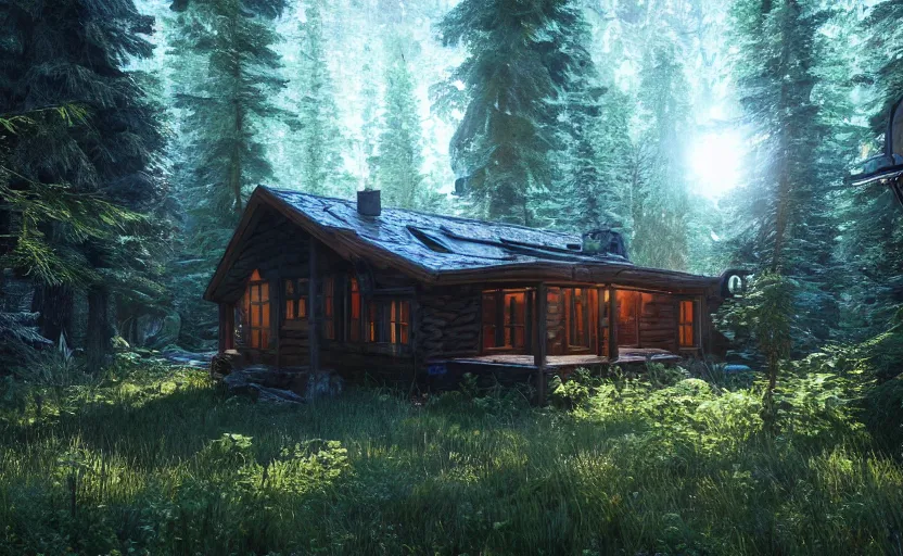 Image similar to biopunk cabin in a photorealistic forest. daylight stars. light fixtures. unreal engine. 8K. detailed. photorealism. artstation. digital render. ultra realistic