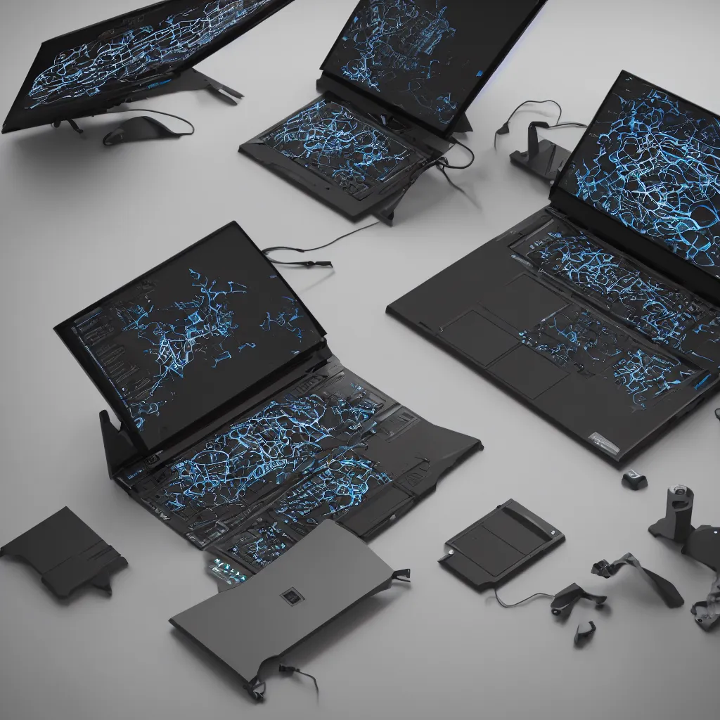 Image similar to generative design laptop computer with an exoskeleton case, dark plastic, glowing lights, product shot, depth of field, octane render