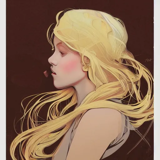 Prompt: Beautiful girl with blond hair profile picture by Mucha, asymmetrical, Organic Painting , Matte Painting, geometric shapes, hard edges, street art, trending on the artstation:2 by Sachin Teng:4, blur:-3