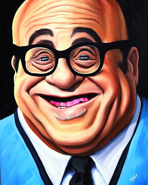 Image similar to painting portrait of danny devito as a rum ham, cartoon, warm lighting, danny devito has a rum ham body, danny devito's face on a rum ham. movie poster, trending on art station