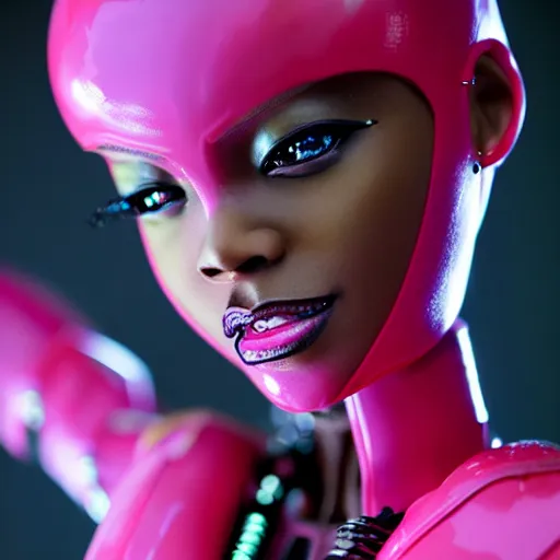 Image similar to cinematic, full shot, realistic cyberpunk african barbie, short pink hair brown skin, barbie cyborg, perfect face, perfect body, plastic skin, mattel, red latex catsuit with led, high boots, ghost in the shell, hajime sorayama, h 7 6 8