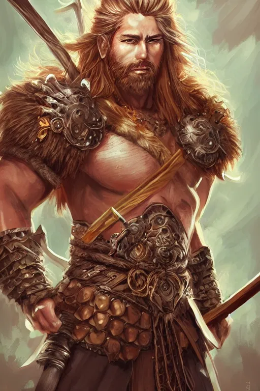 Image similar to A realistic anime portrait of a wild long haired male barbarian wearing an intricate armor, amber eyes, spear, viking fur cape, digital painting, by Stanley Artgerm Lau, Sakimichan, WLOP and Rossdraws, digtial painting, trending on ArtStation, SFW version