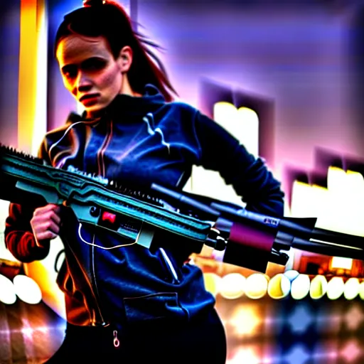 Prompt: photographic portrait of a techwear woman holding a shotgun, closeup, on the rooftop of a futuristic city at night, 4k, depth of field, high resolution, full color, Die Hard, movies with guns, movie firearms, shotguns on pinterest