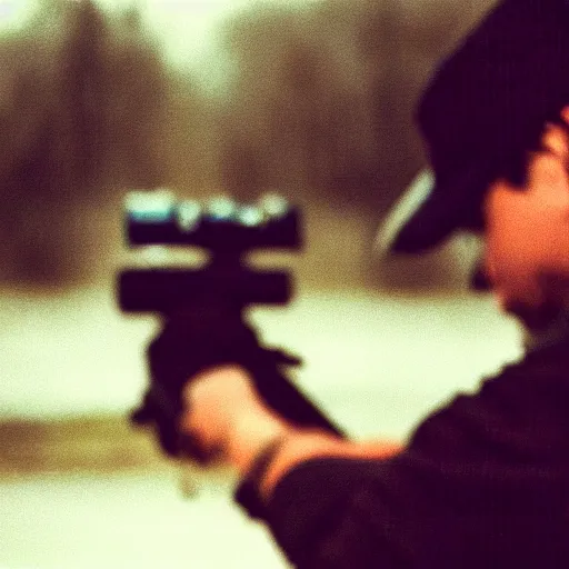 Image similar to An atmospheric close up photo of A man sticking a gun in the camera, bokeh, Polaroid, masterpiece